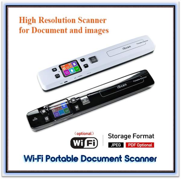 Wi-Fi Portable Scanner HD LCD Display Handheld Document Scanner A4 Size 1050DPI Support JEPG or PDF Color: Black with Wifi