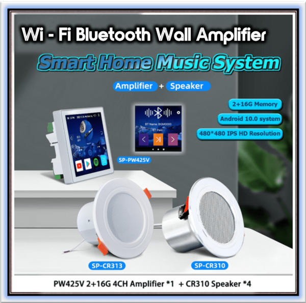 Smart Home Theater Audio Wi-Fi Bluetooth Wall Amplifier Android 10.0 System Voice Control PA System Ceiling Speaker for Room Home White amp- 4CR310