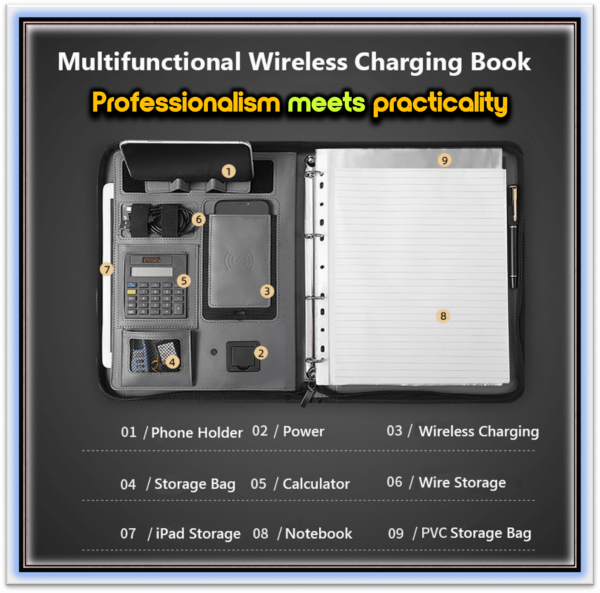 A4 Multifunctional Power Notebook Wireless Charging Portfolio Zipper Binder Business Padfolio Organizer Calculator Office Supply  black Color: with charging