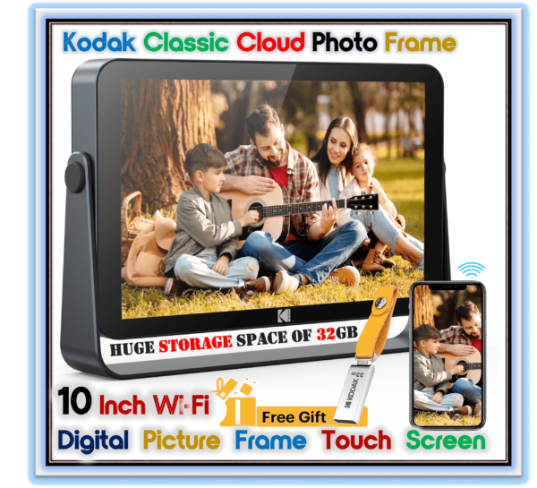 Kodak 10 Inch Wi-Fi Digital Picture Frame, Built-in Battery, Touch Screen with 32GB Storage, Wi-Fi Enabled with 1200*1920 FHD Photo Display and Music/Video Support
