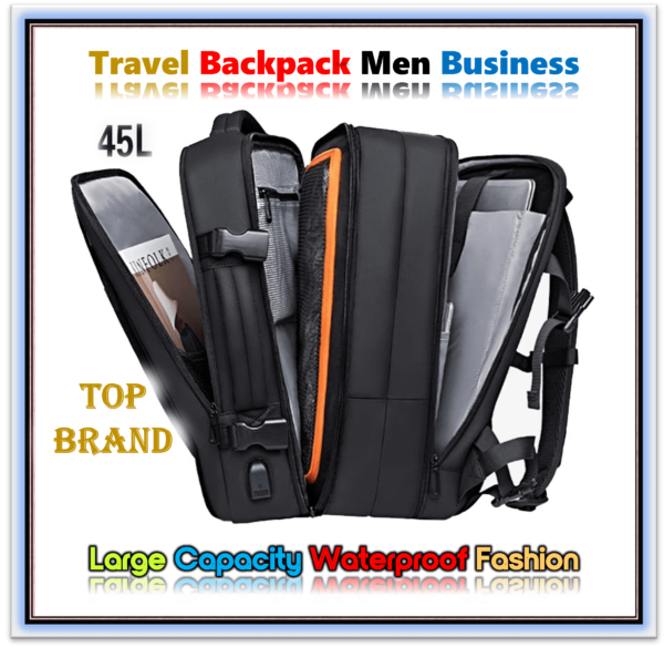 Travel Backpack Men Business Backpack School Expandable USB Bag Large Capacity 17.3 Laptop Waterproof Fashion Backpack Black 45L