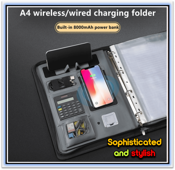 A4 Multifunctional Power Notebook Wireless Charging Portfolio Zipper Binder Business Padfolio Organizer Calculator Office Supply  black Color: with charging - Image 3