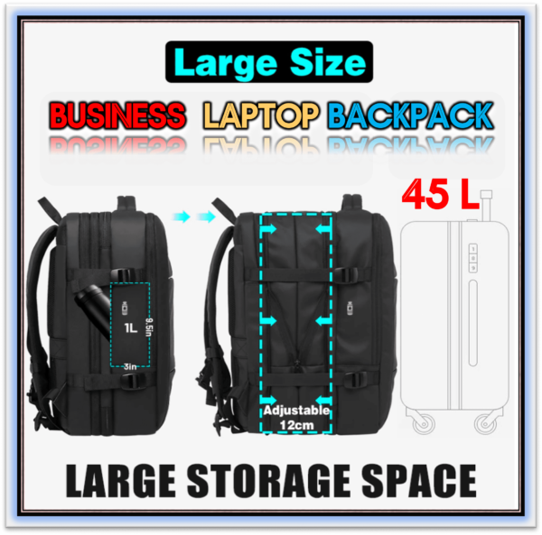 Travel Backpack Men Business Backpack School Expandable USB Bag Large Capacity 17.3 Laptop Waterproof Fashion Backpack Black 45L - Image 3