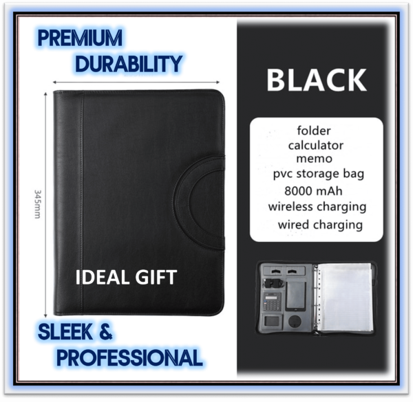 A4 Multifunctional Power Notebook Wireless Charging Portfolio Zipper Binder Business Padfolio Organizer Calculator Office Supply  black Color: with charging - Image 4