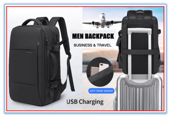 Travel Backpack Men Business Backpack School Expandable USB Bag Large Capacity 17.3 Laptop Waterproof Fashion Backpack Black 45L - Image 4