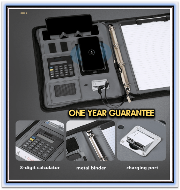 A4 Multifunctional Power Notebook Wireless Charging Portfolio Zipper Binder Business Padfolio Organizer Calculator Office Supply  black Color: with charging - Image 5