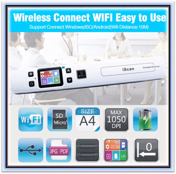 Wi-Fi Portable Scanner HD LCD Display Handheld Document Scanner A4 Size 1050DPI Support JEPG or PDF Color: Black with Wifi - Image 6