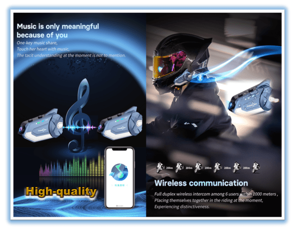 New Arrival Freed Conn Motorcycle Bluetooth Headset Intercom with 2K Camera, R1 Pro Motorcycle Recording Camera with Music Sharing G-Sensor, 8-Way 1500M Helmet Bluetooth Headset with FM/64G TF Card/2 in 1 Mic/Bluetooth 5.0/IP65 - Image 6