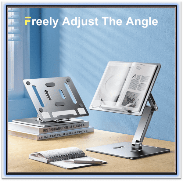 Aluminum Book Stand for Desk Portable Document Holder for Cookbook, Music Book, iPad, Laptop, Reading Rest Height Angle Adjustable Positions and Page Paper Clips Grey Color - Image 5