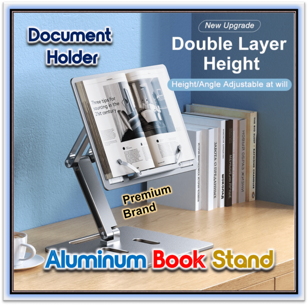 Aluminum Book Stand for Desk Portable Document Holder for Cookbook, Music Book, iPad, Laptop, Reading Rest Height Angle Adjustable Positions and Page Paper Clips Grey Color