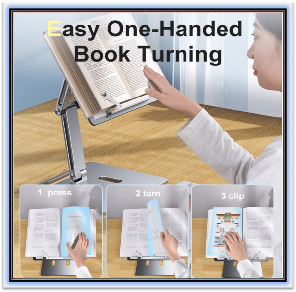 Aluminum Book Stand for Desk Portable Document Holder for Cookbook, Music Book, iPad, Laptop, Reading Rest Height Angle Adjustable Positions and Page Paper Clips Grey Color - Image 6