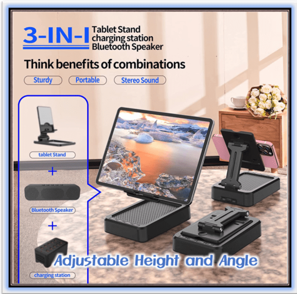 Immersive Surround Sound Wireless Bluetooth Speaker with Adjustable Phone Stand and Convenient Charging Station
